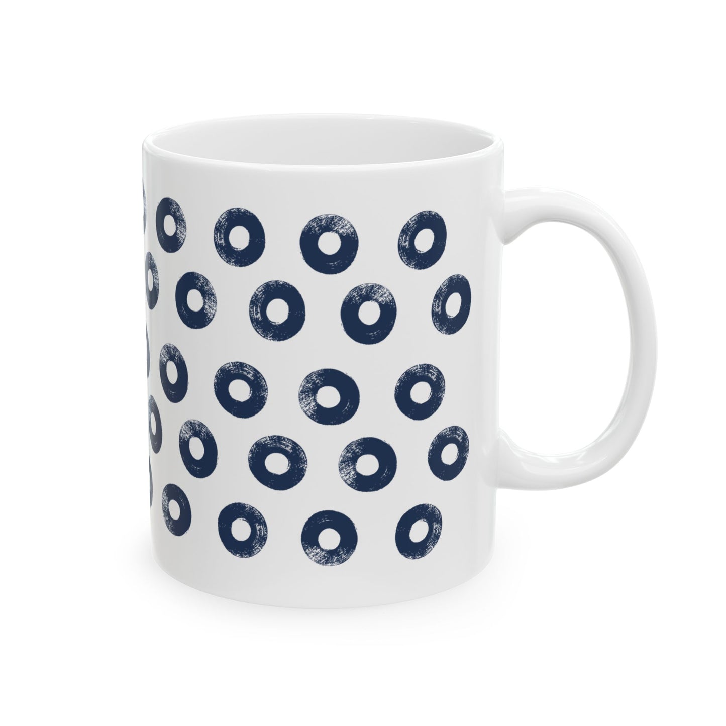 Navy Circles Ceramic Coffee Mug, Distressed Brush Circles Indigo Tea Cup for Home, Office, Cute Coffee Cup, Tea Lover's Mug, Unisex gift