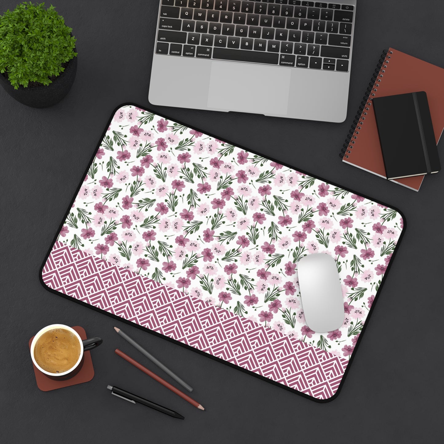 Floral Desk Mat with Geometric Pattern, Hemmed Edges, Stylish Work Surface, Home Office Decor, Gift for Students, Large Computer Mouse Pad
