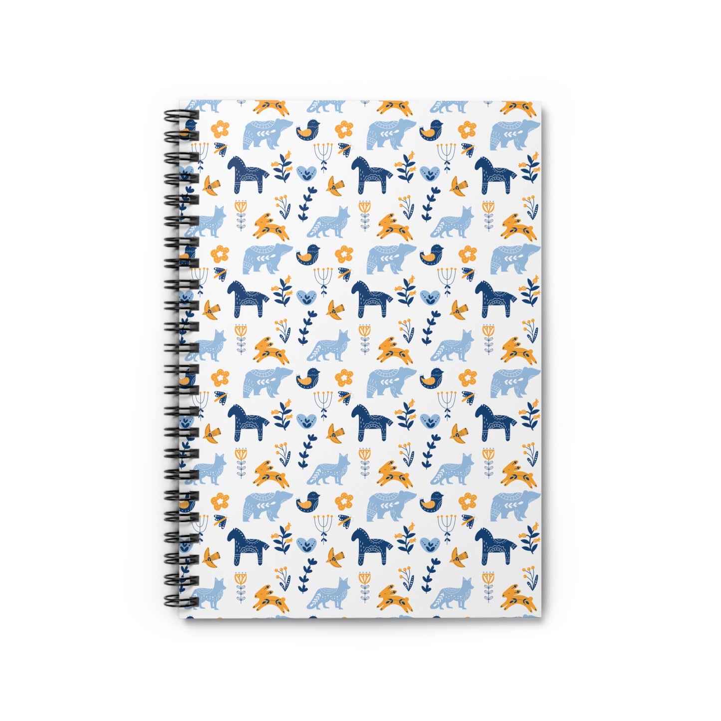 Spiral Notebook, Scandinavian Folk Art Inspired Design, Perfect for Journaling, Scandi Floral Animal Prints, Horse, Bear, Rabbit
