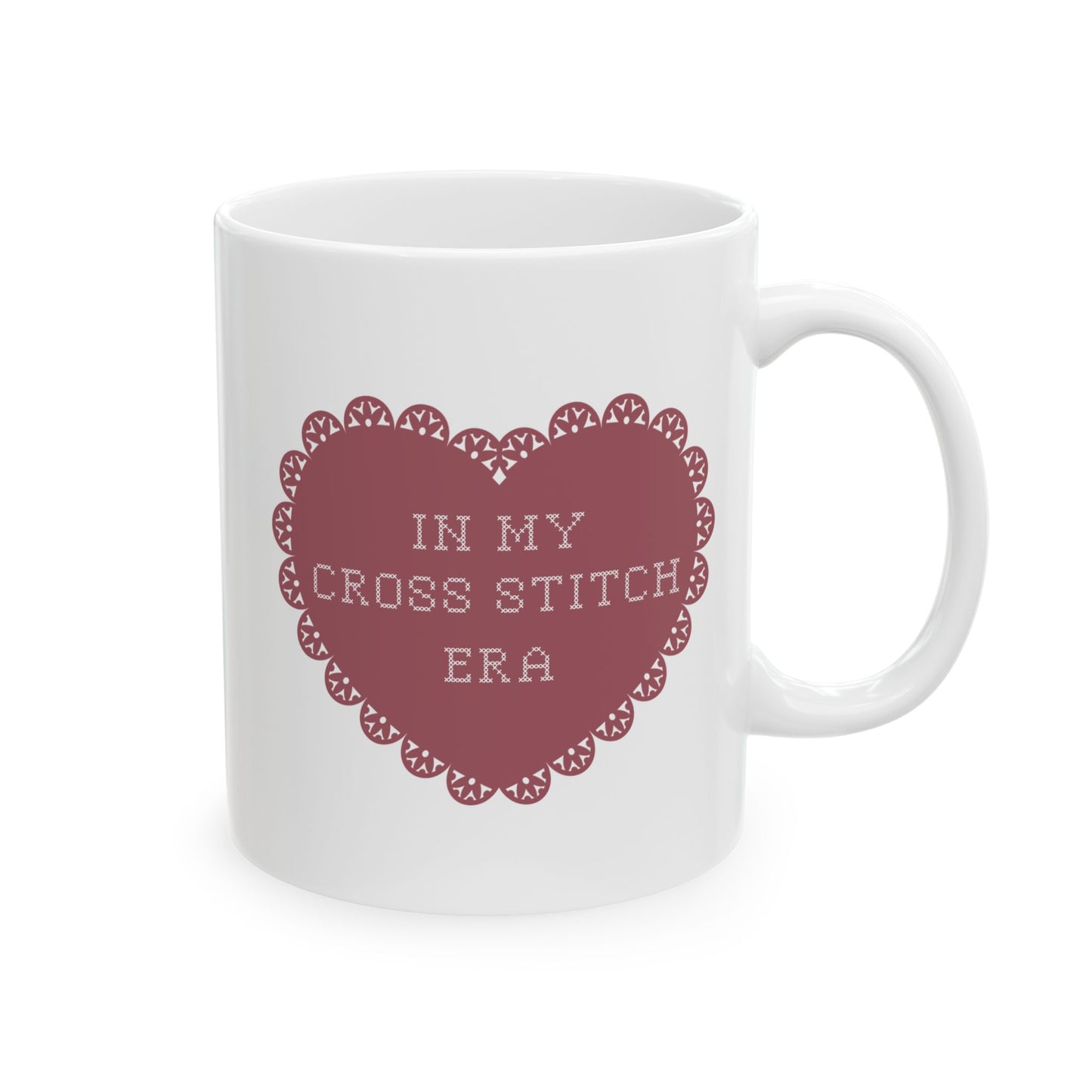 Charming Ceramic Mug for Cross Stitch Lovers with Heart Design, In My Cross Stitch Era, Gift for Her, Coffee Lover's Essential