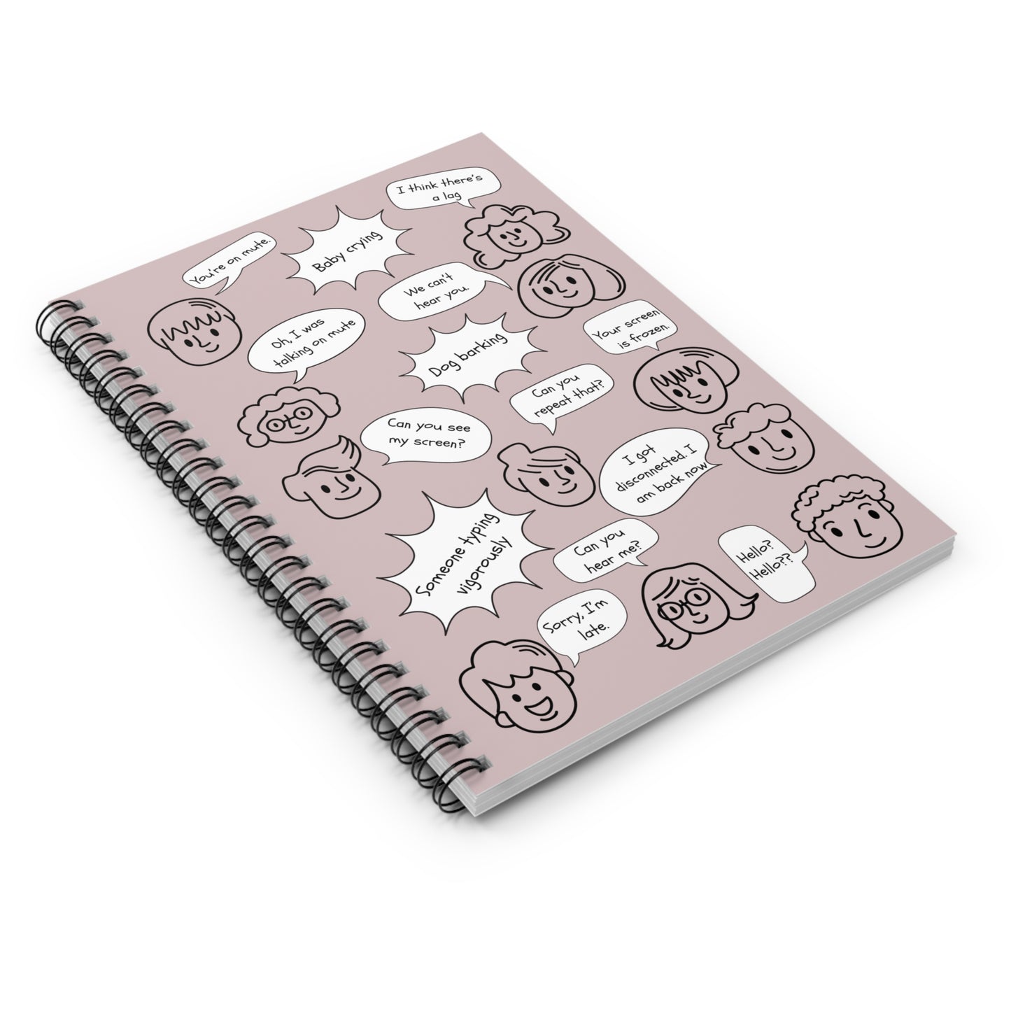 Funny Spiral Notebook - Ruled Line with Document Pocket, Dusty Rose, Work from Home Essentials, Conference Call Bingo, You're on Mute