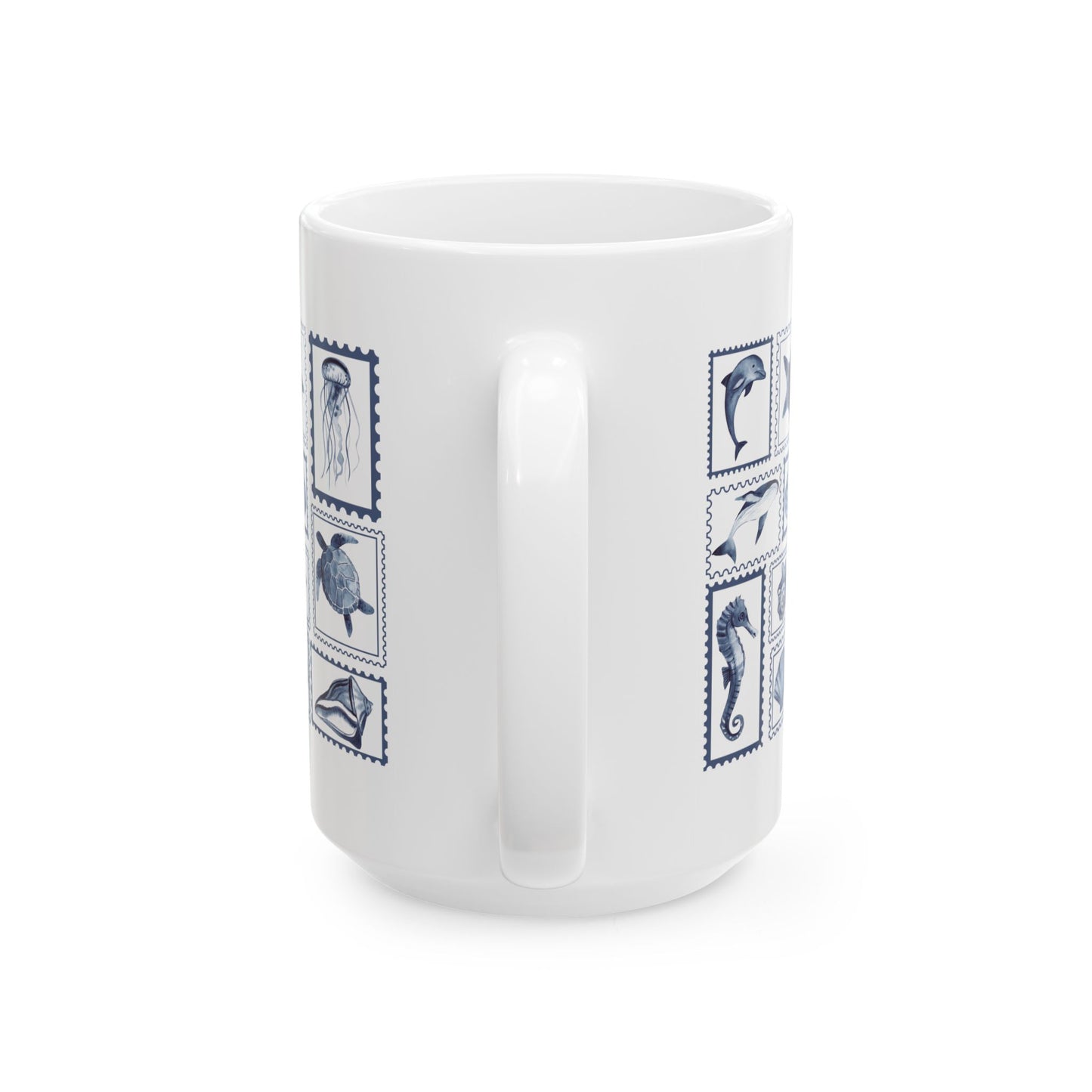 Nautical Ceramic Mug, 11oz and 15oz, Stamp Design Ocean-Themed Drinkware, Sea Life Coffee Cup, Coastal Decor, Ideal Gift for Marine Lovers