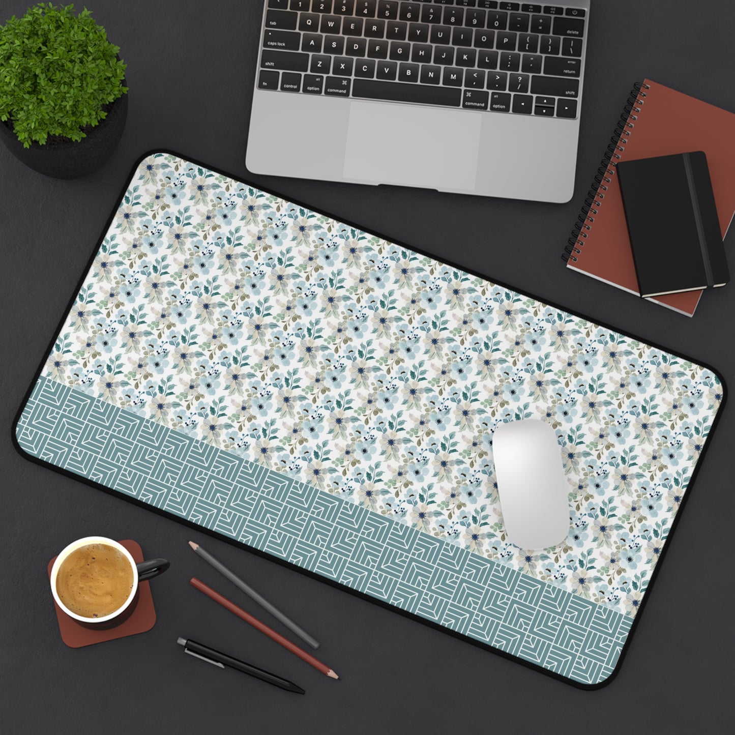 Chic Floral Desk Mat with Geometric Pattern, Hemmed Edges, Stylish Work Surface, Home Office Decor, Gift for Students, Large Mouse Pad