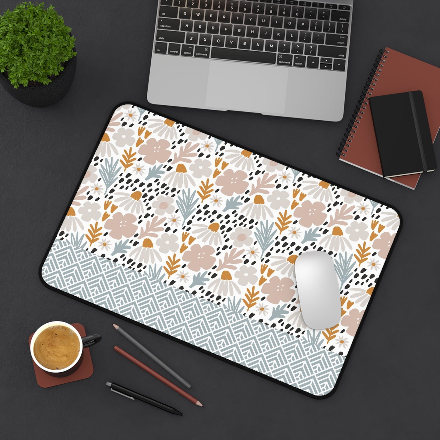 Floral Desk Mat with Geometric Pattern, Hemmed Edges, Stylish Work Surface, Home Office Decor, Gift for Students, Large Computer Mouse Pad