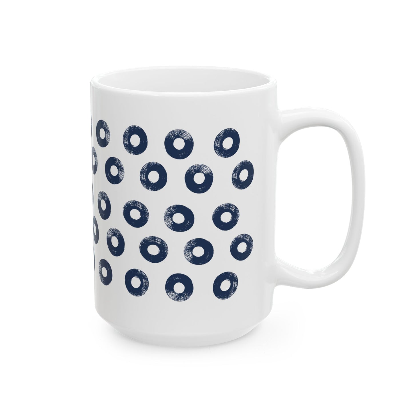 Navy Circles Ceramic Coffee Mug, Distressed Brush Circles Indigo Tea Cup for Home, Office, Cute Coffee Cup, Tea Lover's Mug, Unisex gift