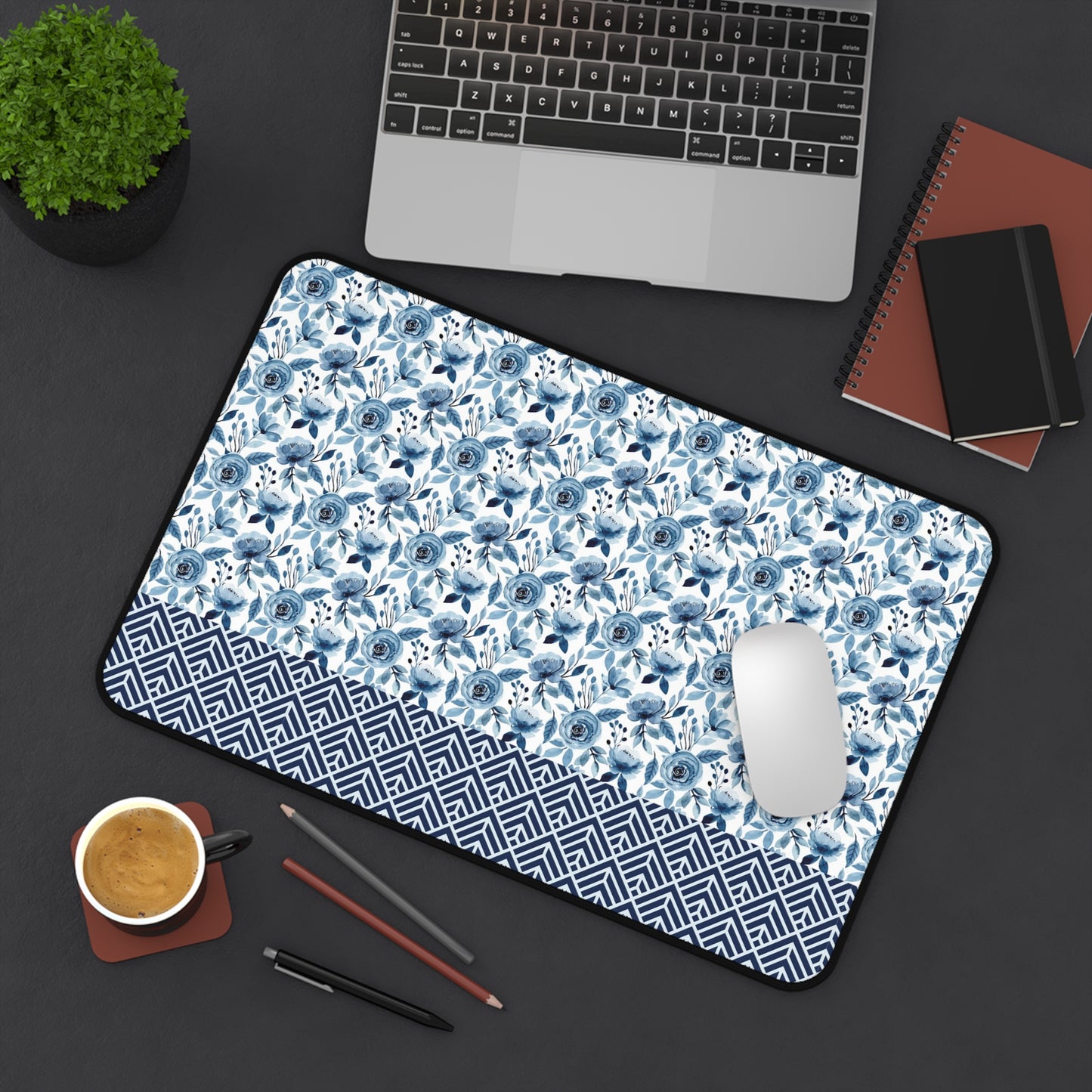 Floral Desk Mat with Geometric Pattern, Hemmed Edges, Stylish Work Surface, Home Office Decor, Gift for Students, Large Computer Mouse Pad
