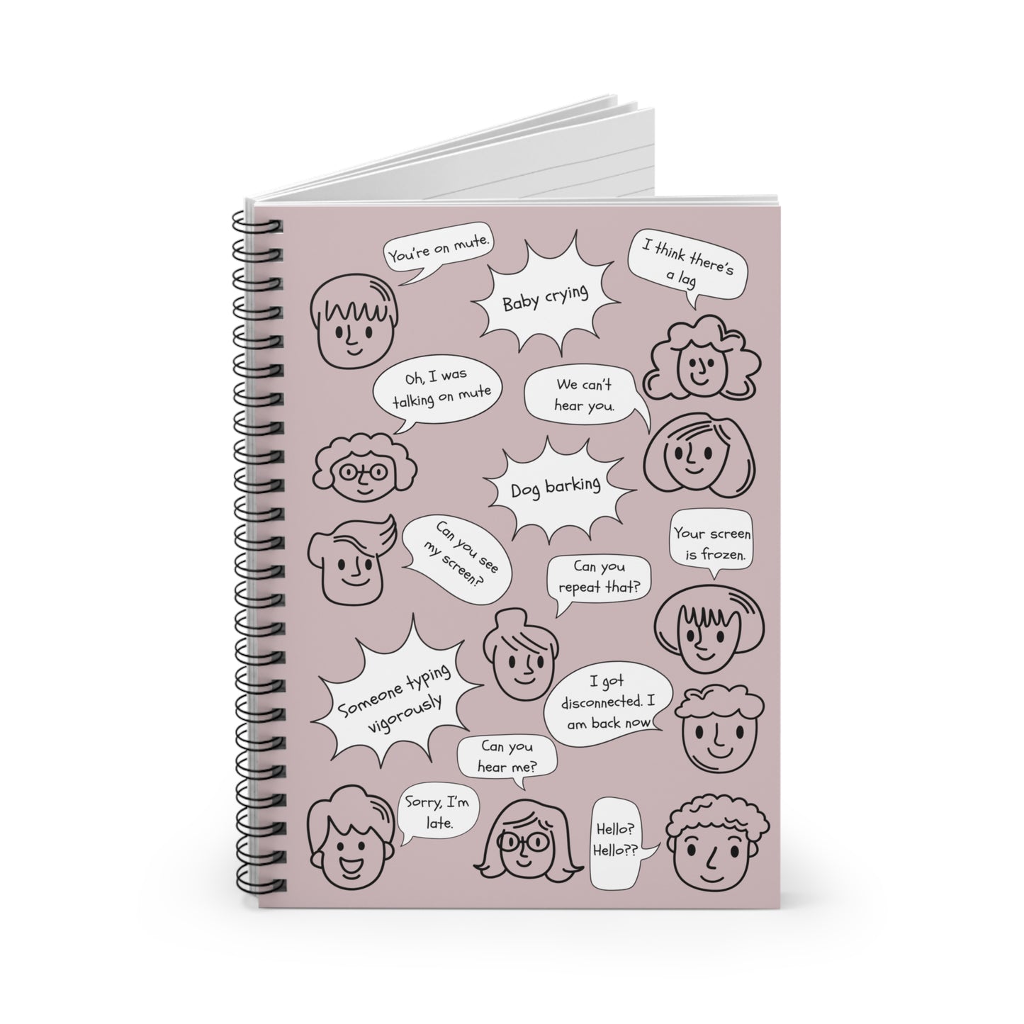 Funny Spiral Notebook - Ruled Line with Document Pocket, Dusty Rose, Work from Home Essentials, Conference Call Bingo, You're on Mute
