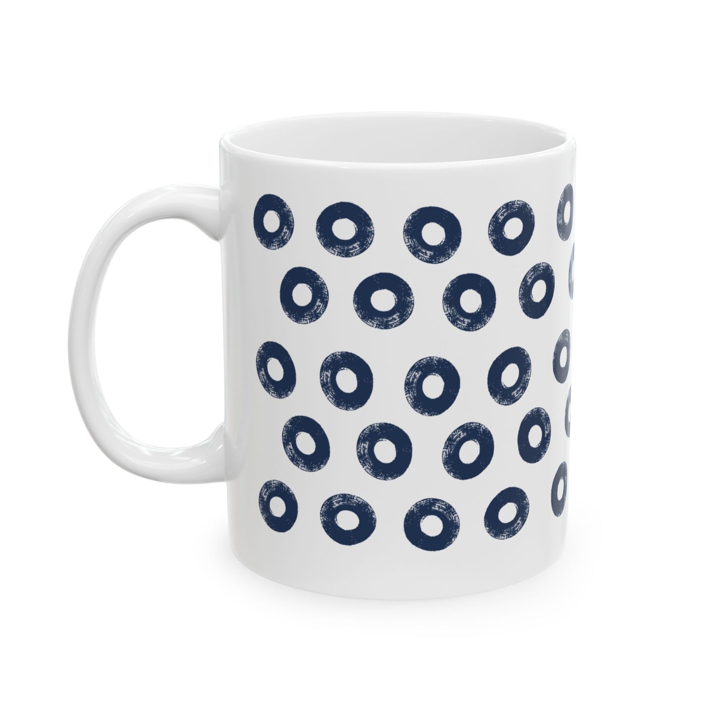 Navy Circles Ceramic Coffee Mug, Distressed Brush Circles Indigo Tea Cup for Home, Office, Cute Coffee Cup, Tea Lover's Mug, Unisex gift