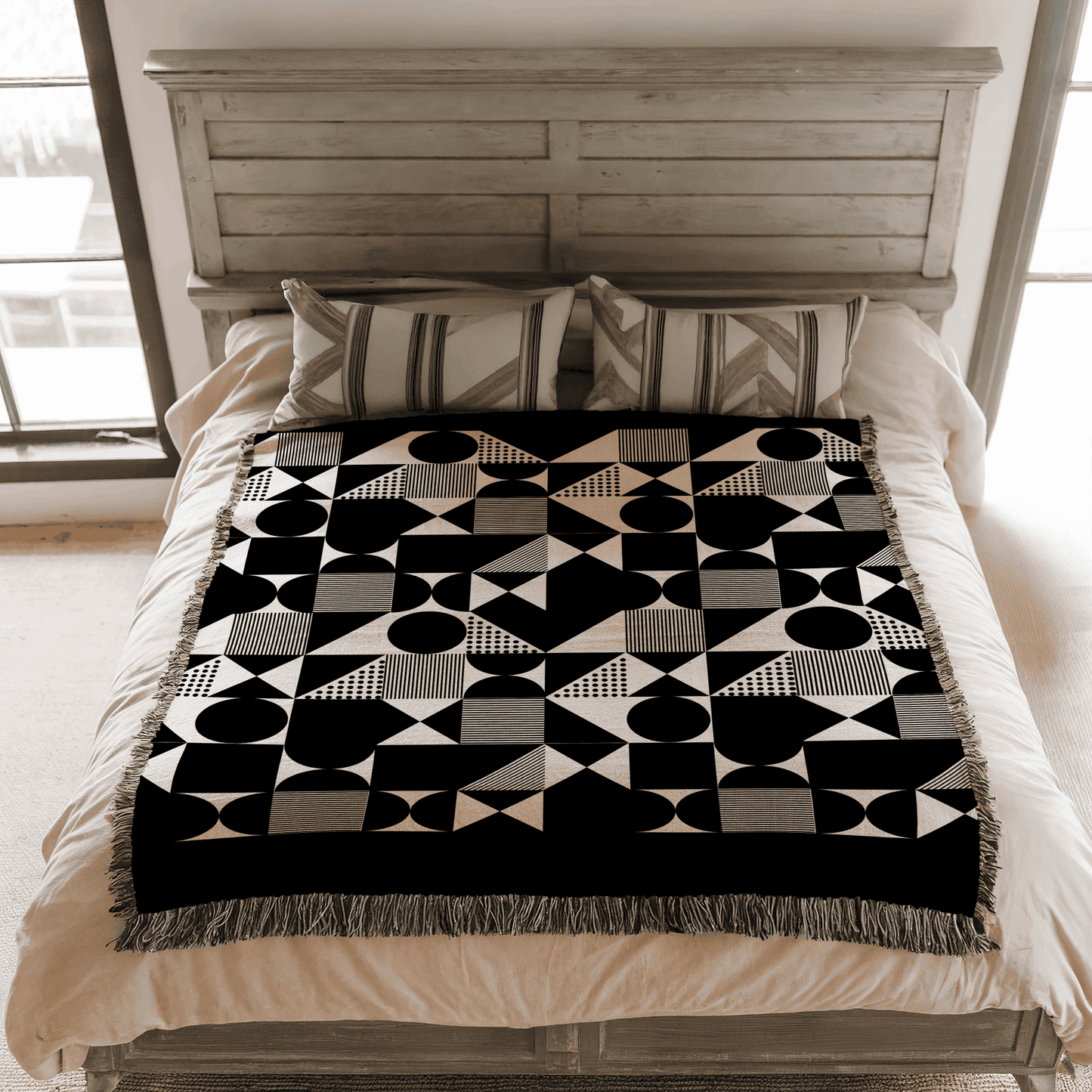 Mid Century Modern Woven Blanket, 100% Cotton, Black and Beige Minimalist Throw Couch Blanket, Abstract Geometric Pattern, Christmas Gift
