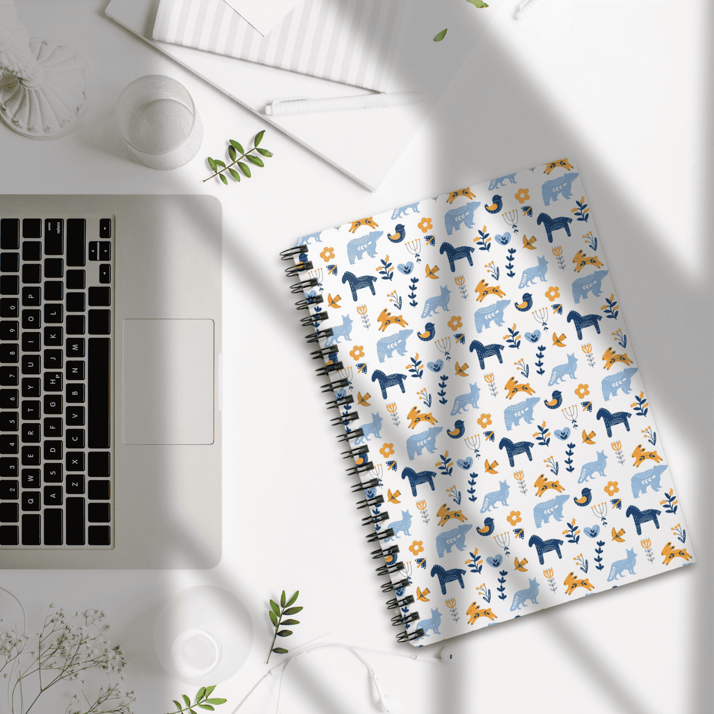 Spiral Notebook, Scandinavian Folk Art Inspired Design, Perfect for Journaling, Scandi Floral Animal Prints, Horse, Bear, Rabbit