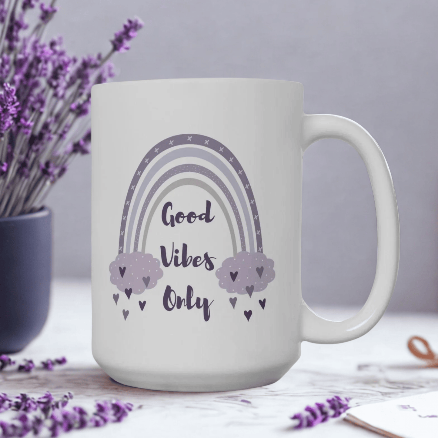 Purple Rainbow Hearts Good Vibes Only Ceramic Mug, Cute Coffee Cup, Gift for Her, Cute Tea Cup, BPA Free Ceramic Mug 11oz/15oz