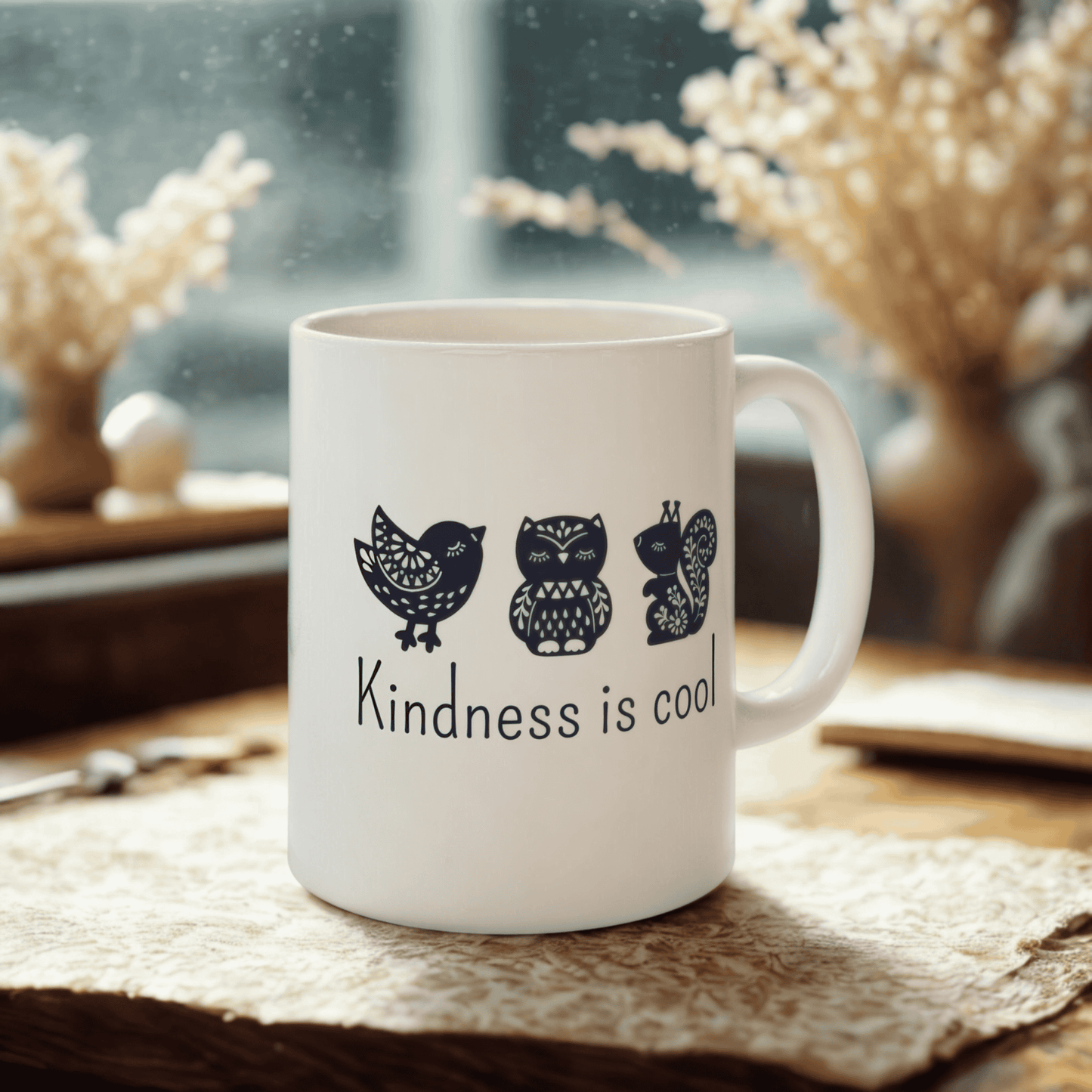 Kindness Mug - Cute Scandinavian Animal Design for Coffee Lovers, Kindness is Cool Ceramic Tea Cup 11oz/15oz, BPA Free