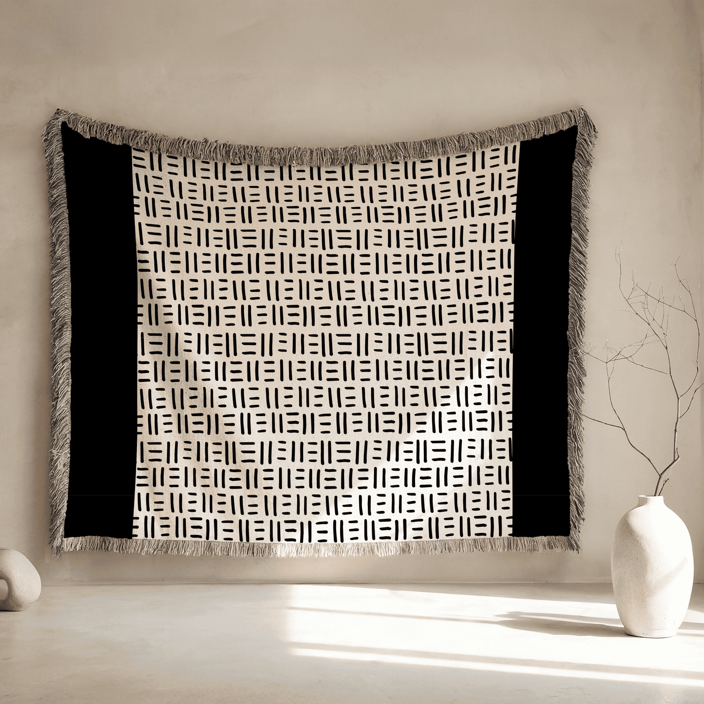 Minimalist Woven Blanket in Aztek Pattern, 100% Cotton Throw Blanket, Black and Beige Home Decor, Housewarming, Christmas, Birthday Gift