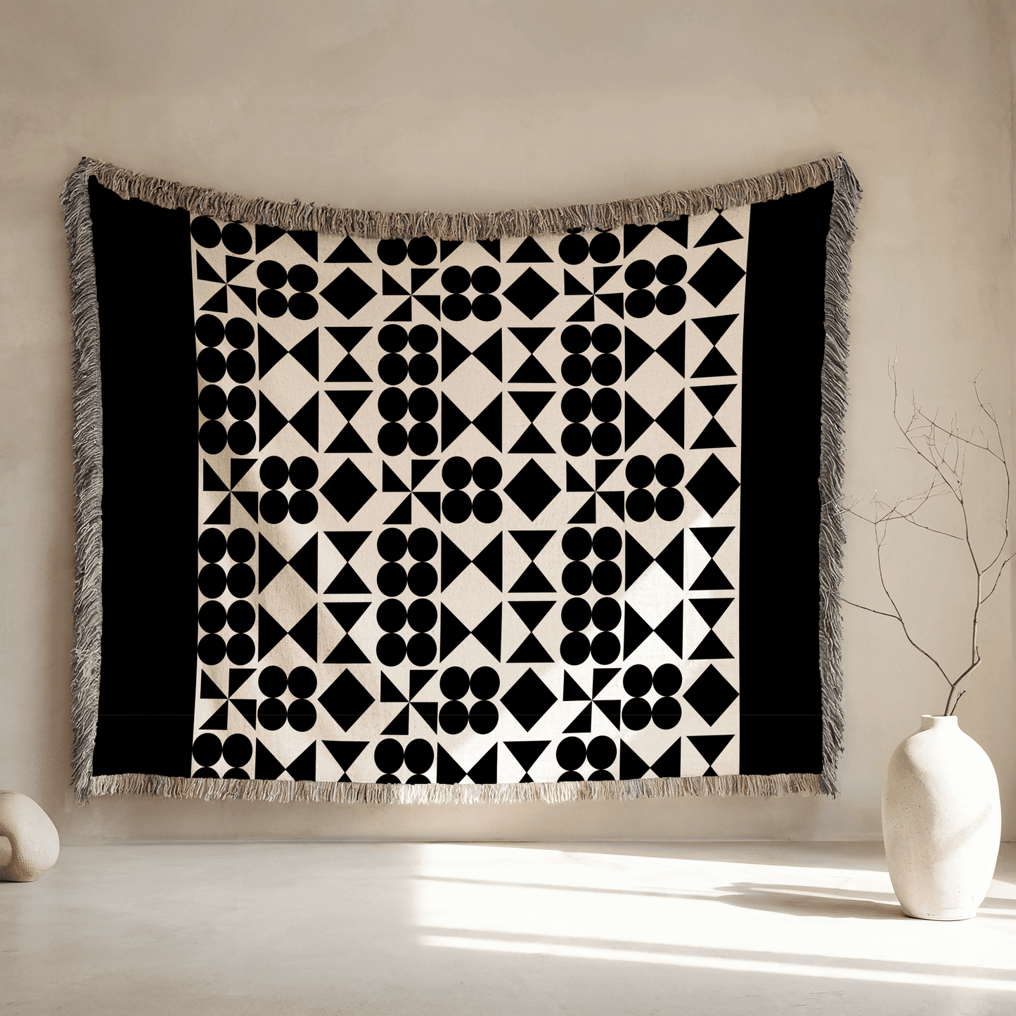 Woven Blanket, Mid Century Modern Black and Beige Minimalist Throw Couch Blanket, 100% Cotton, Abstract Geometric Pattern, Christmas Gift