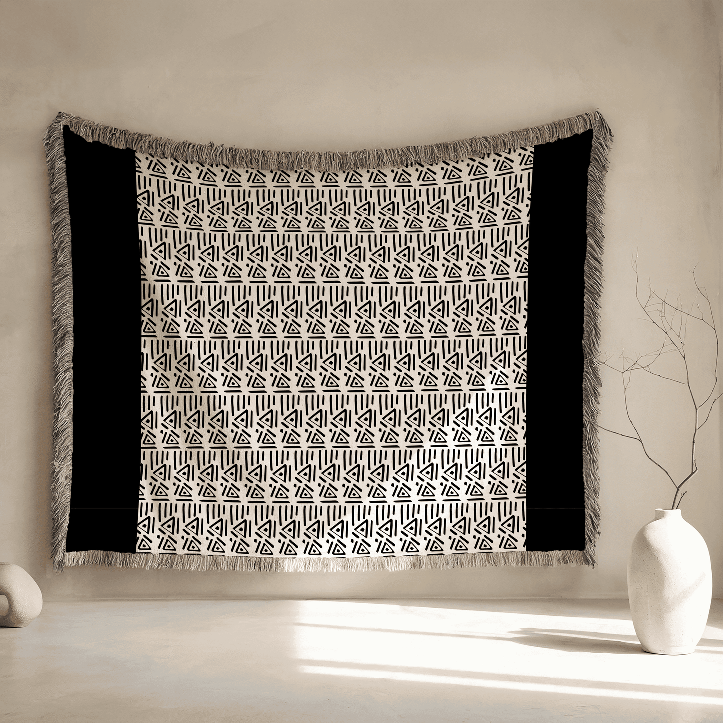 Woven Throw Blanket Aztek Pattern, 100% Cotton, Black and Beige Minimalist Home Decor, Housewarming Gift, Christmas, Birthday Gift