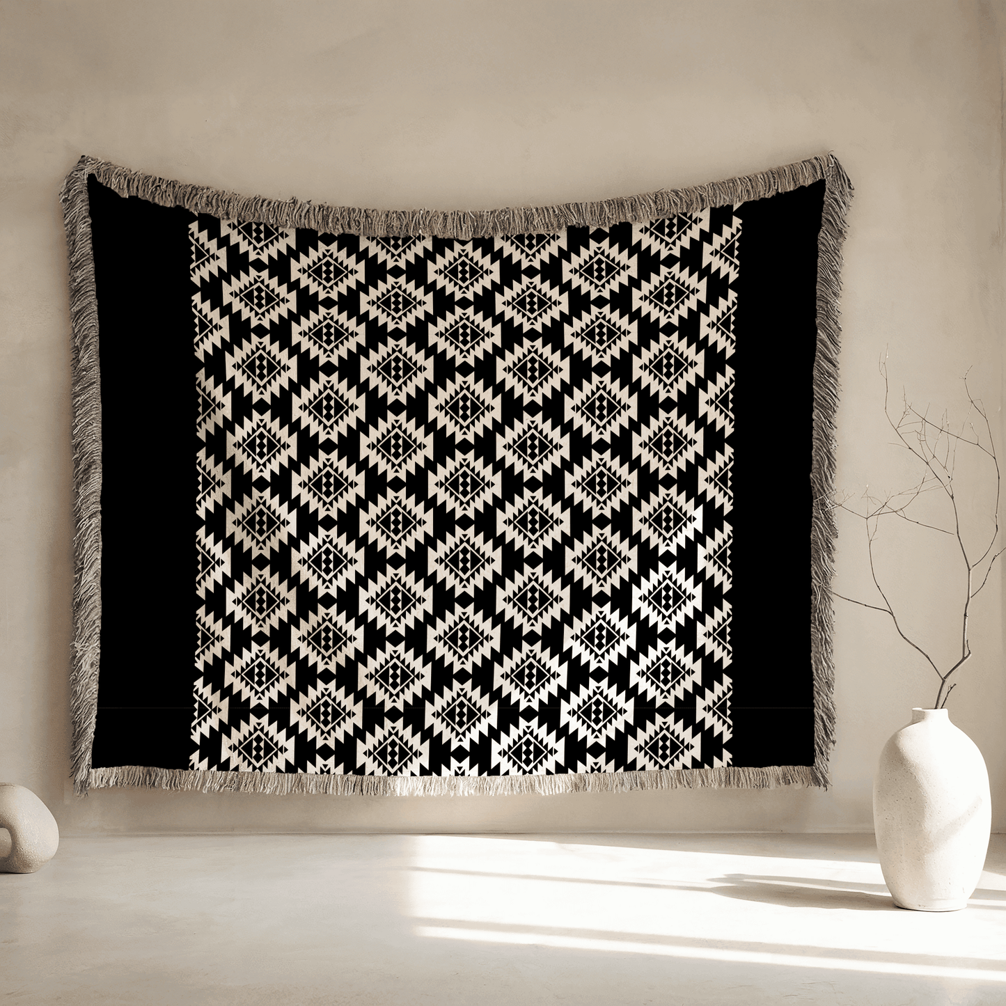 Cotton Woven Blanket Aztek Pattern, 100% Cotton, Black and Beige Boho Minimalist Throw Home Decor, Housewarming, Christmas Gift