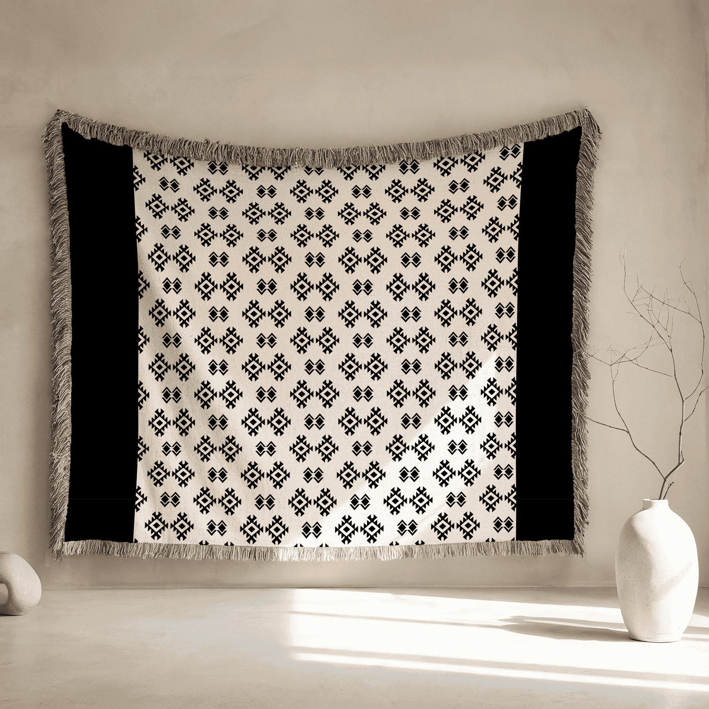 Woven Blanket African Tribal Pattern, 100% Cotton, Black and Beige Minimalist Boho Throw Blanket, Wall Hanging, Housewarming, Christmas Gift