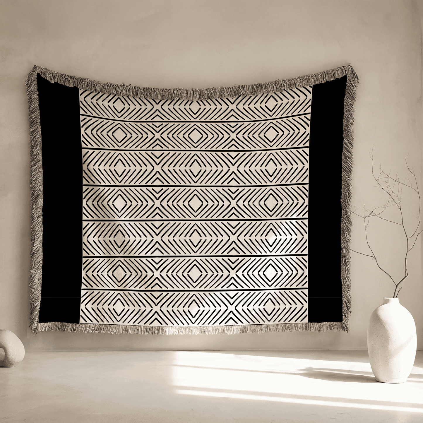 Woven Blanket Chevron Pattern, 100% Cotton, Minimalist Beige and Black Throw Blanket, Boho Wall Hanging, Housewarming, Christmas Gift