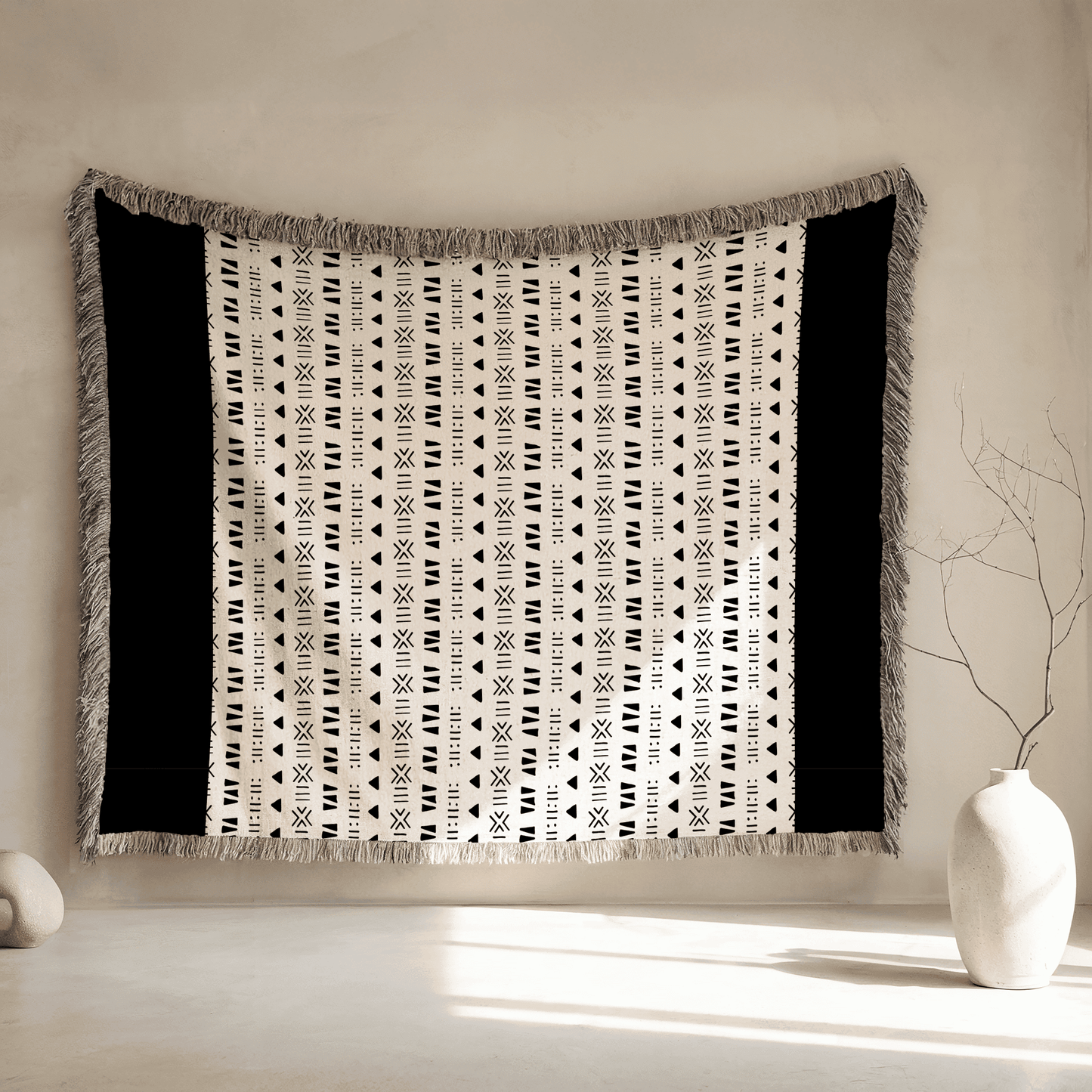 Woven Blanket, Wall Decor, Minimalist Throw Blanket, 100% Cotton, Beige and Black Blanket, African Tribal Pattern, Housewarming, Christmas