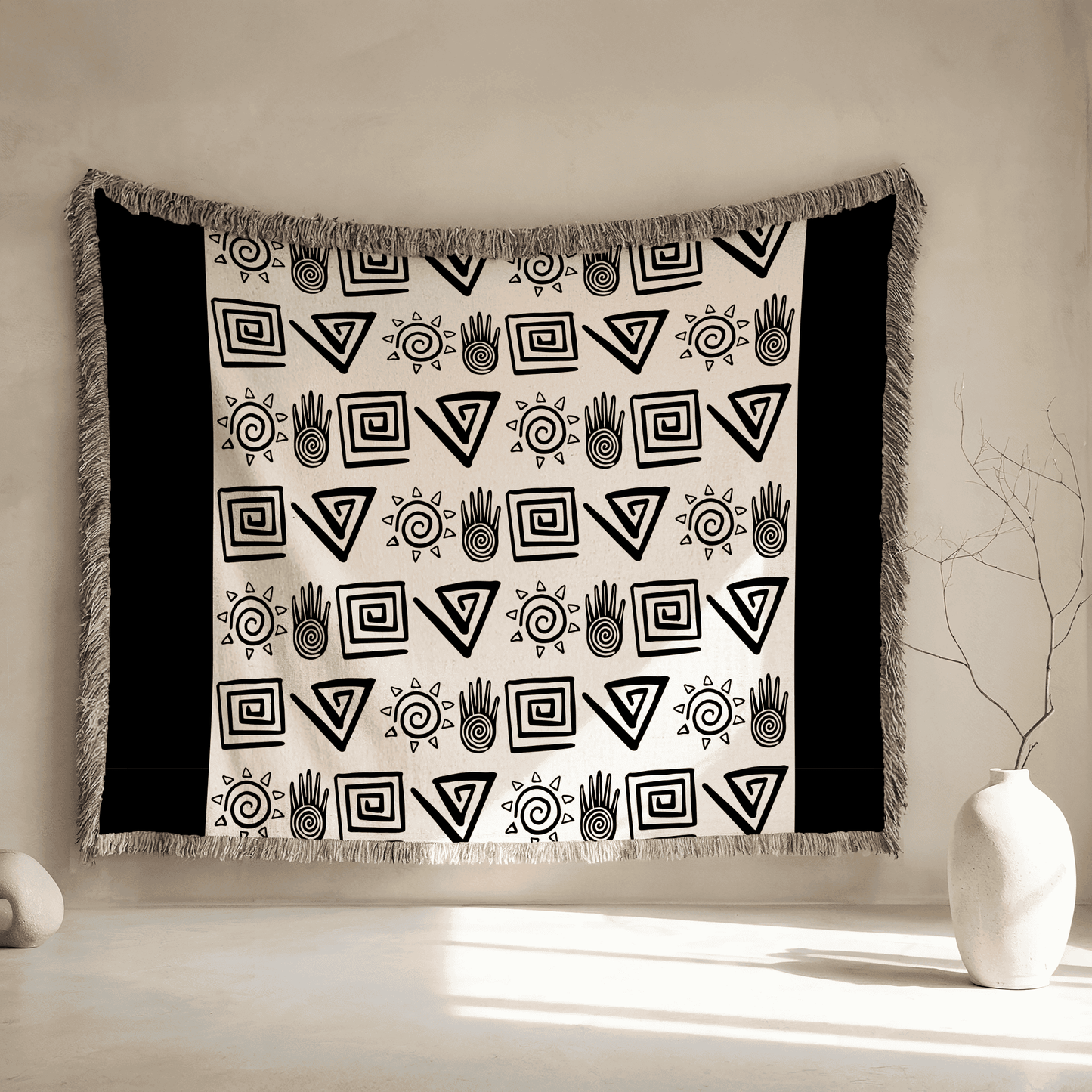 African Tribal Inspired Throw Blanket, 100% Cotton, Black and Beige Minimalist Woven Blanket, Boho Wall Decor, Christmas, Housewarming Gift