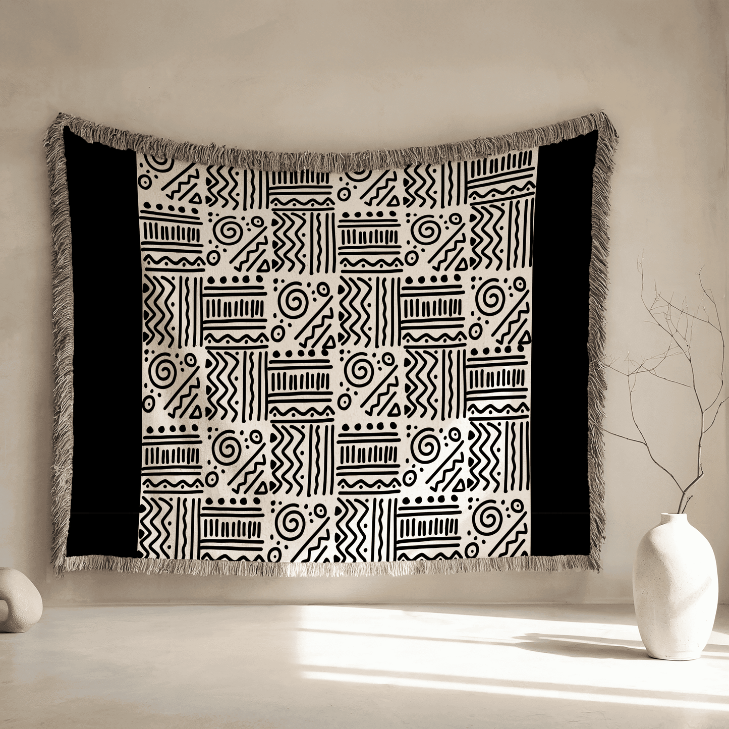 African Tribal Pattern Woven Blanket, 100% Cotton, Black and Beige Minimalist Throw for Couch, Boho Wall Decor, Christmas, Housewarming Gift