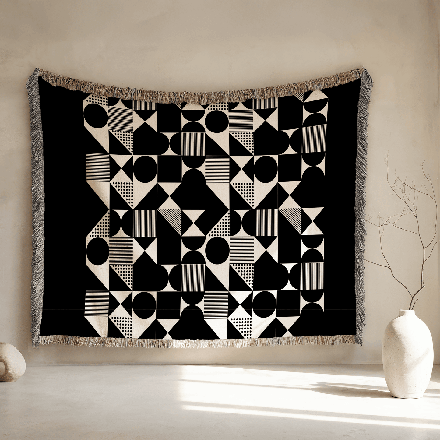 Mid Century Modern Woven Blanket, 100% Cotton, Black and Beige Minimalist Throw Couch Blanket, Abstract Geometric Pattern, Christmas Gift