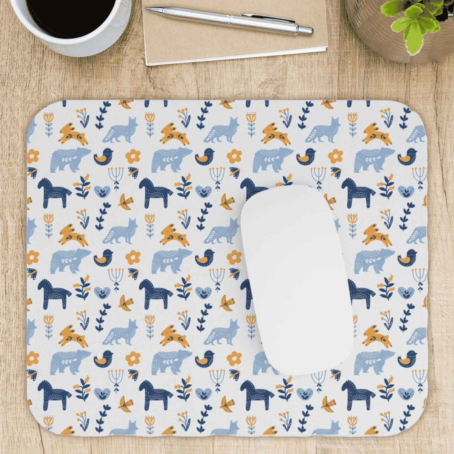 Mouse Pad, Nature Themed Mousepad, Woodland Animal Print Mousepad, Gift for Coworker, Gift for Boss, Scandinavian Folk Art, Scandi Design