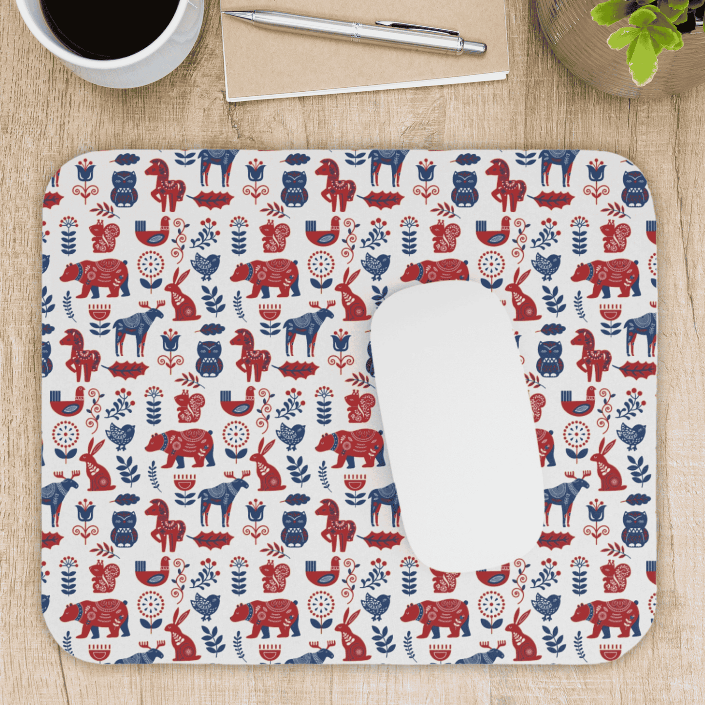 Mouse Pad, Nature Themed Mousepad, Woodland Animal Print Mousepad, Gift for Coworker, Gift for Boss, Scandinavian Folk Art, Scandi Design