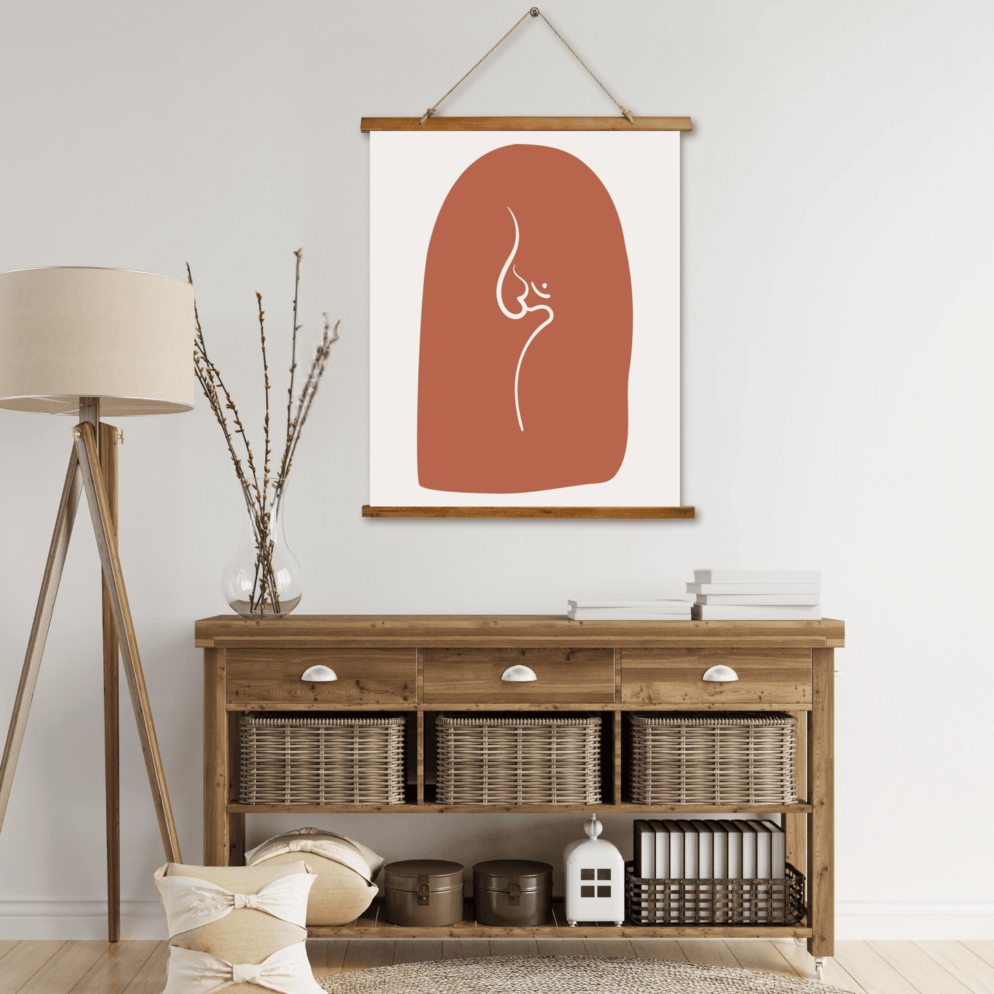 Tapestry with Hanger, Om Sign Design, Wood Top, 26"x36", Indian Art, Abstract Om Symbol, Puja Room Wall Art, Meditation Yoga Room Art