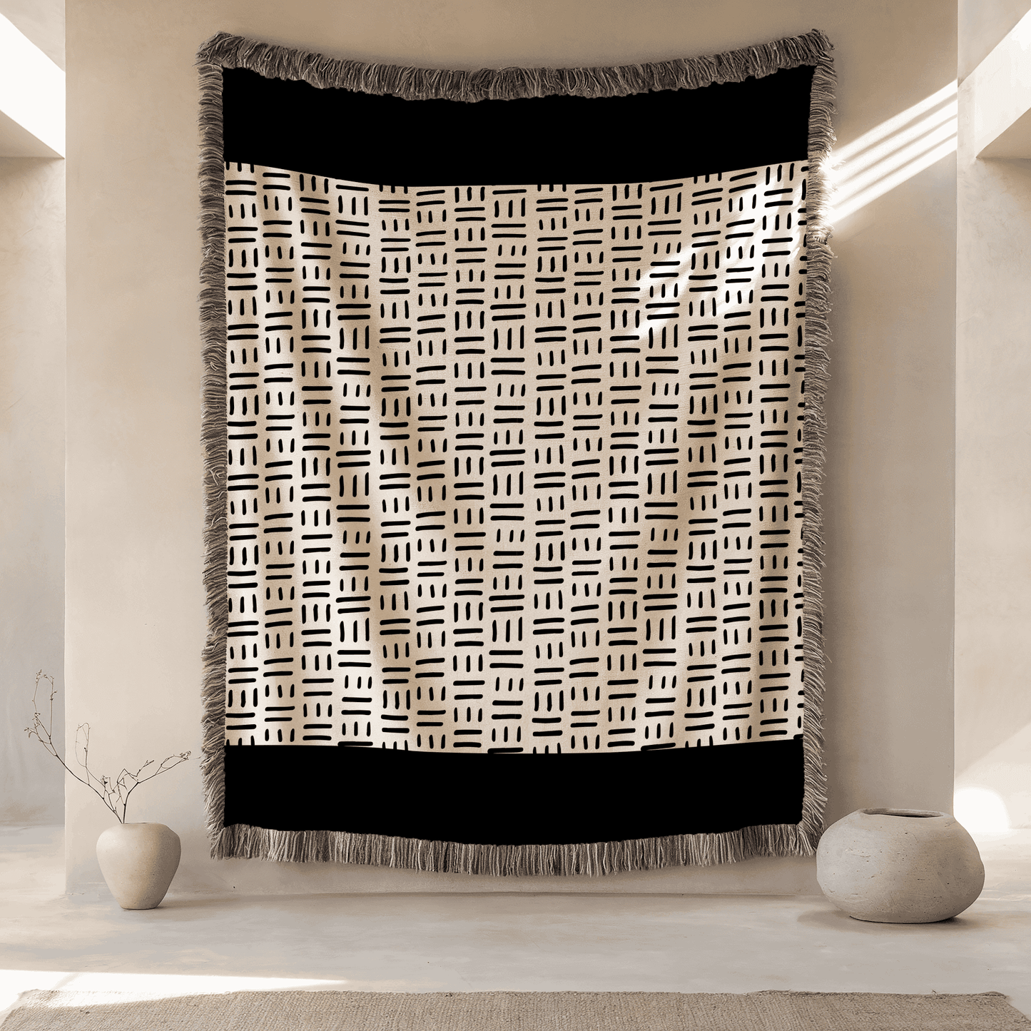 Minimalist Woven Blanket in Aztek Pattern, 100% Cotton Throw Blanket, Black and Beige Home Decor, Housewarming, Christmas, Birthday Gift