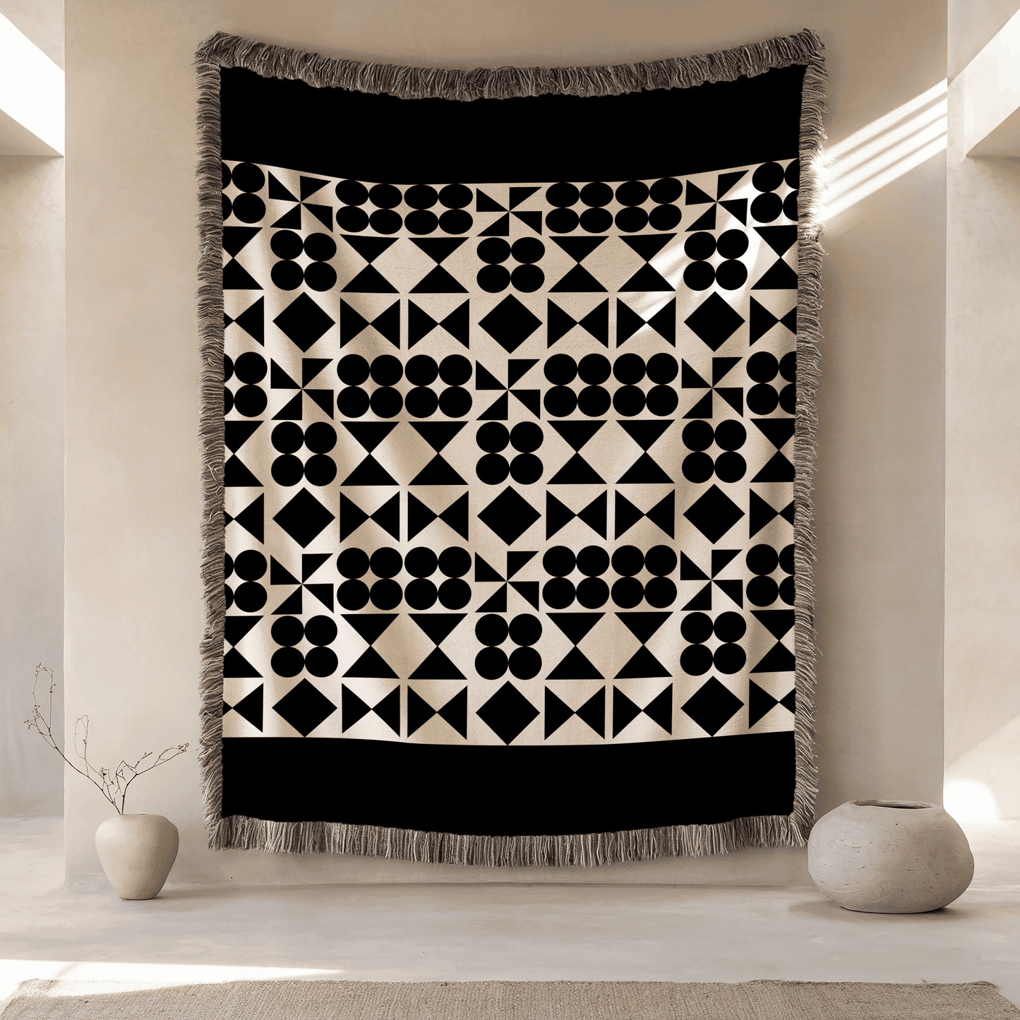 Woven Blanket, Mid Century Modern Black and Beige Minimalist Throw Couch Blanket, 100% Cotton, Abstract Geometric Pattern, Christmas Gift