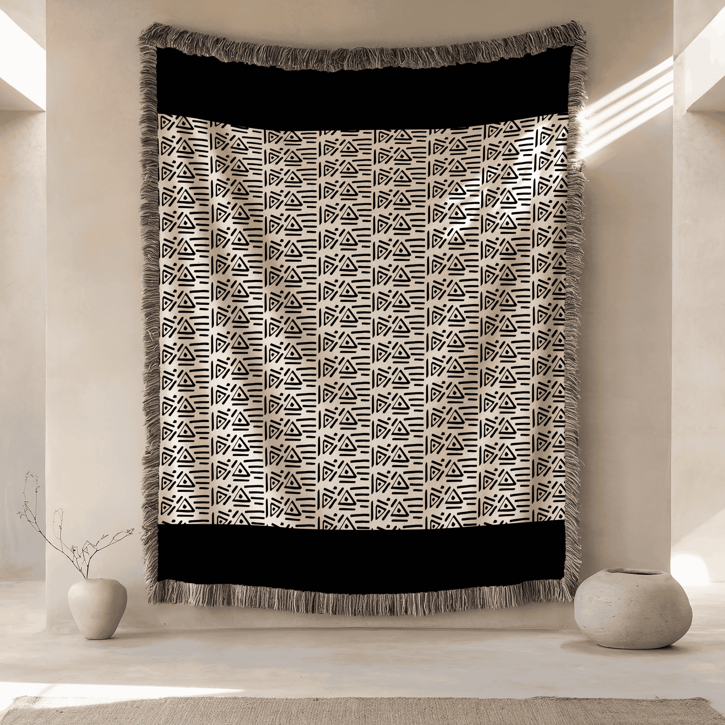 Woven Throw Blanket Aztek Pattern, 100% Cotton, Black and Beige Minimalist Home Decor, Housewarming Gift, Christmas, Birthday Gift
