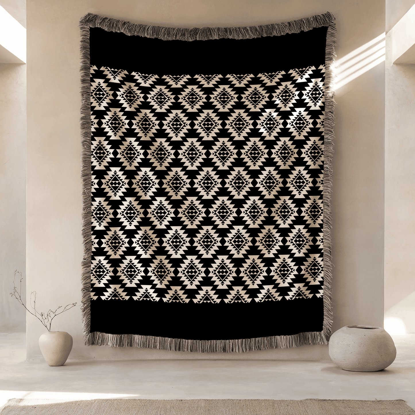 Cotton Woven Blanket Aztek Pattern, 100% Cotton, Black and Beige Boho Minimalist Throw Home Decor, Housewarming, Christmas Gift