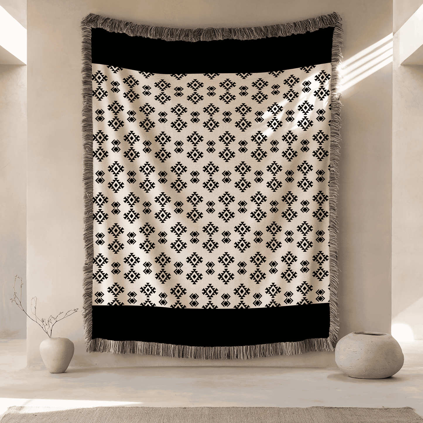 Woven Blanket African Tribal Pattern, 100% Cotton, Black and Beige Minimalist Boho Throw Blanket, Wall Hanging, Housewarming, Christmas Gift