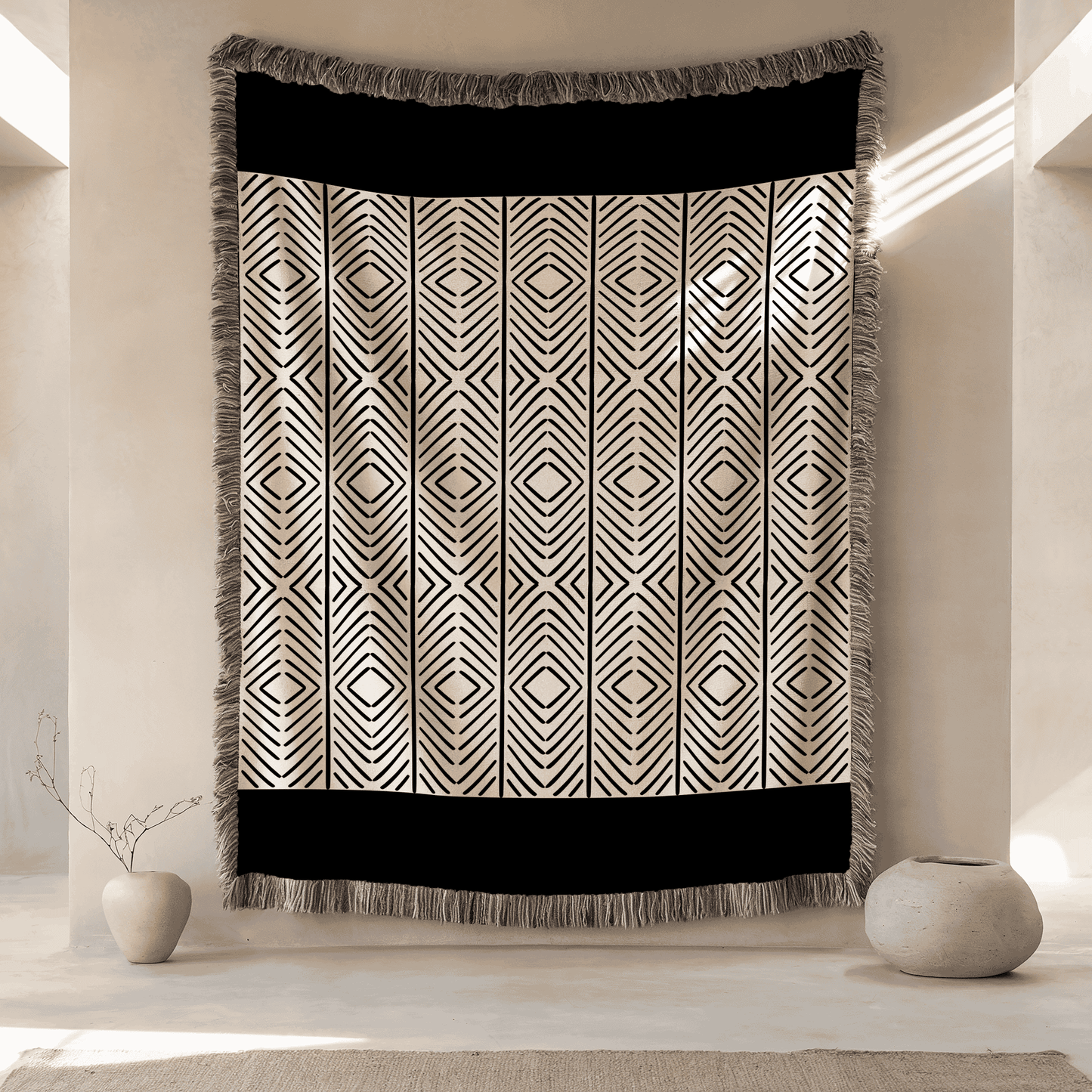 Woven Blanket Chevron Pattern, 100% Cotton, Minimalist Beige and Black Throw Blanket, Boho Wall Hanging, Housewarming, Christmas Gift