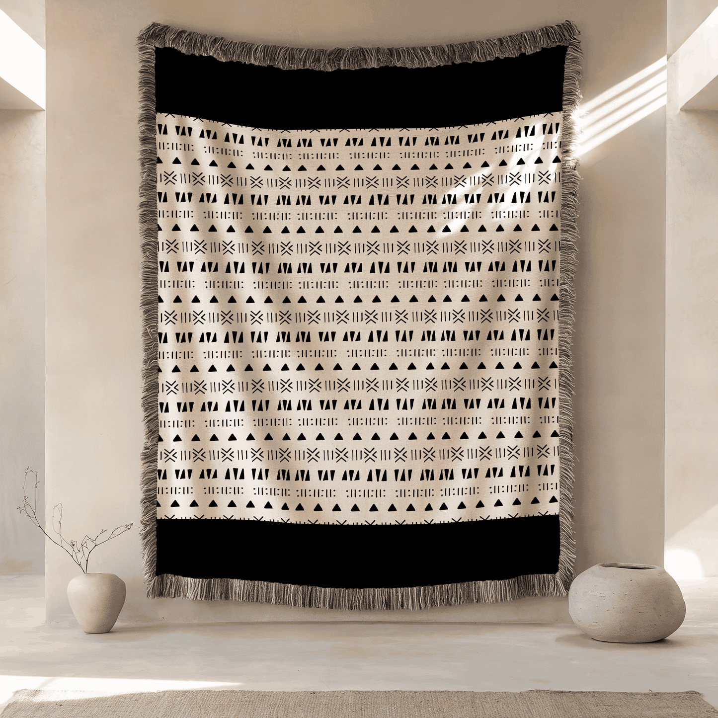 Woven Blanket, Wall Decor, Minimalist Throw Blanket, 100% Cotton, Beige and Black Blanket, African Tribal Pattern, Housewarming, Christmas