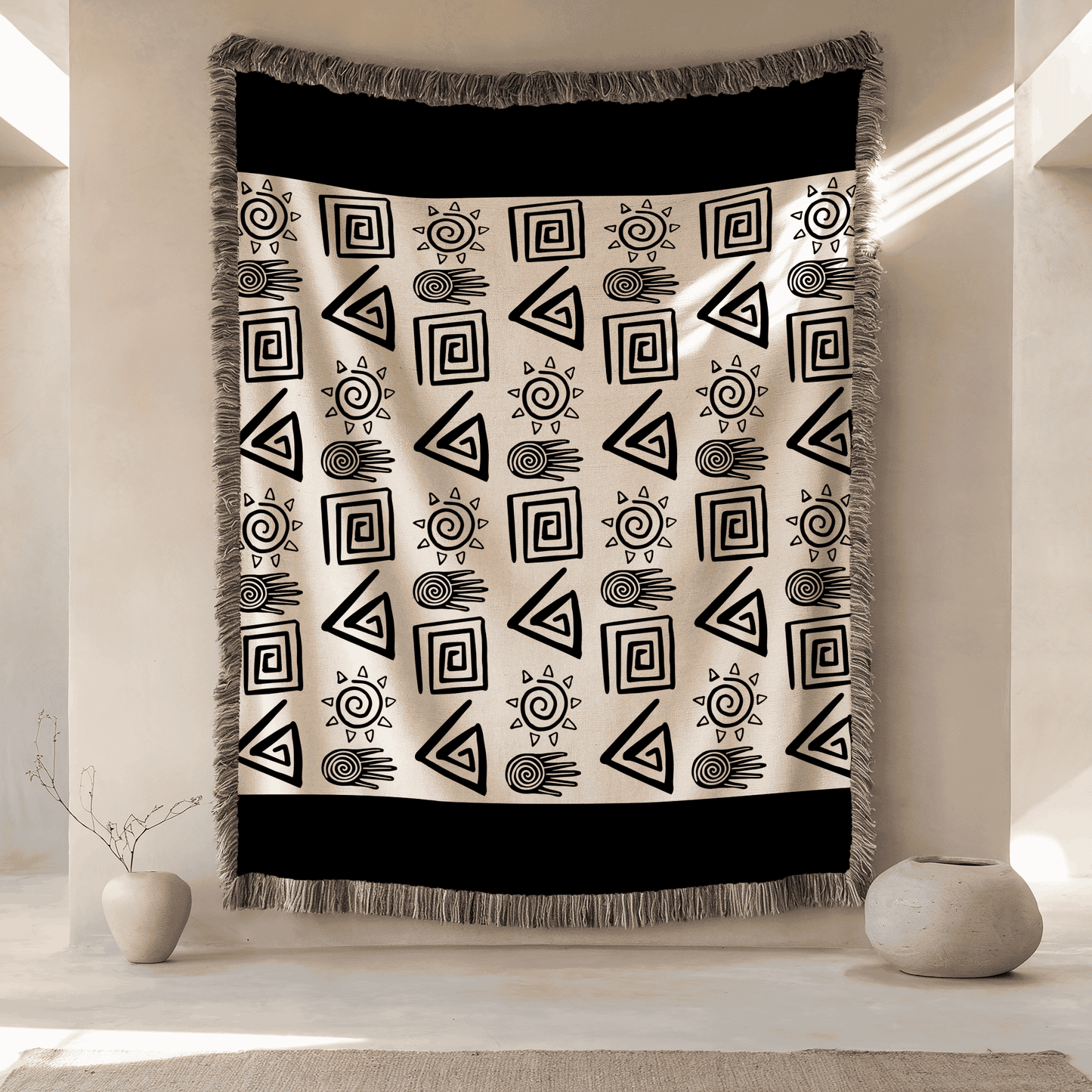 African Tribal Inspired Throw Blanket, 100% Cotton, Black and Beige Minimalist Woven Blanket, Boho Wall Decor, Christmas, Housewarming Gift
