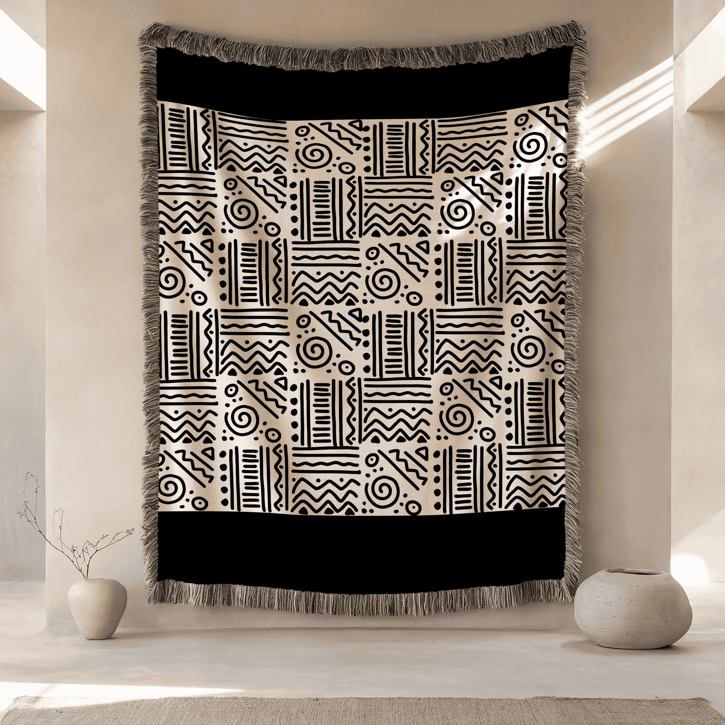 African Tribal Pattern Woven Blanket, 100% Cotton, Black and Beige Minimalist Throw for Couch, Boho Wall Decor, Christmas, Housewarming Gift