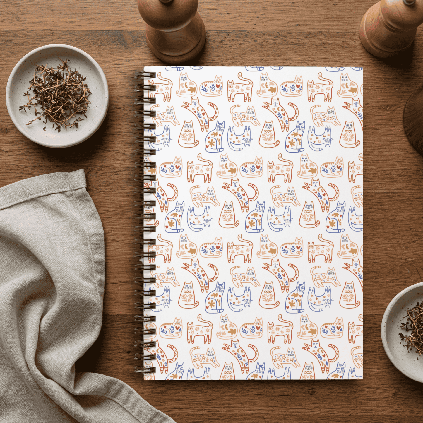 Spiral Notebook - Scandinavian Folk Art Cat Design, Ruled Line, Kawaii Journal, Cat Lover Gift, Cute Stationery, Writing Notebook