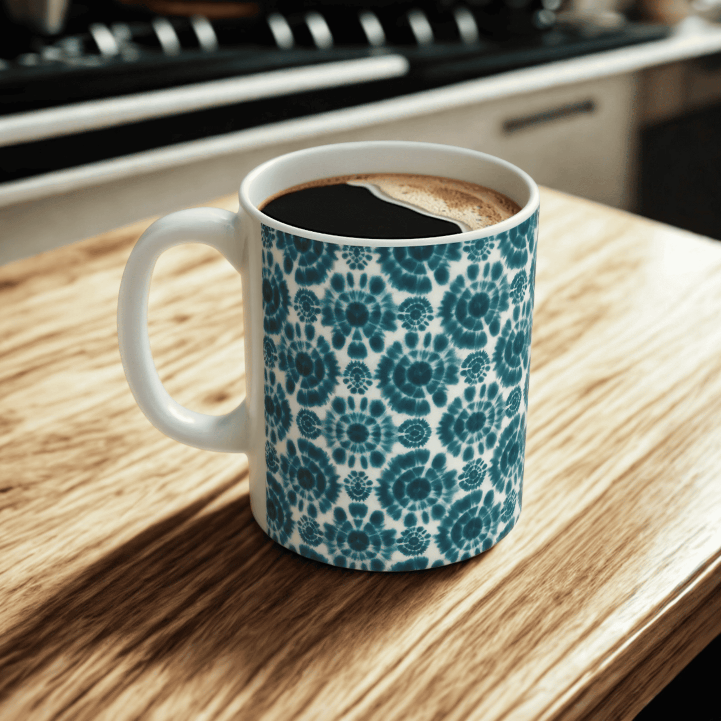 Teal Coffee Mug, Shibori Tie Dye Pattern Tea Cup, Boho Chic Ceramic Mug, Gifting, BPA Free Dishwasher Safe, Microwave Safe Coffee Mug