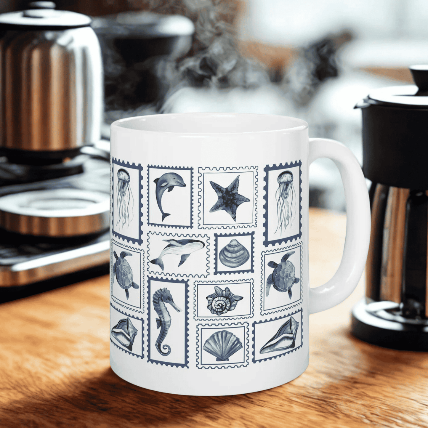 Nautical Ceramic Mug, 11oz and 15oz, Stamp Design Ocean-Themed Drinkware, Sea Life Coffee Cup, Coastal Decor, Ideal Gift for Marine Lovers