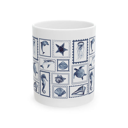 Nautical Ceramic Mug, 11oz and 15oz, Stamp Design Ocean-Themed Drinkware, Sea Life Coffee Cup, Coastal Decor, Ideal Gift for Marine Lovers