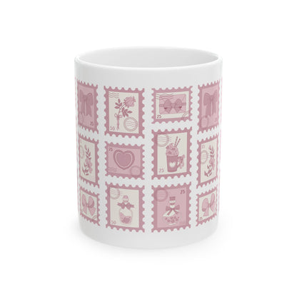 Pink Stamp Coquette Ceramic Mug, 11oz, 15oz - Gift for Her, Coffee Cup, Tea Lover's Gift, Kitchen Decor, Office Mug