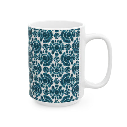 Teal Coffee Mug, Shibori Tie Dye Pattern Tea Cup, Boho Chic Ceramic Mug, Gifting, BPA Free Dishwasher Safe, Microwave Safe Coffee Mug
