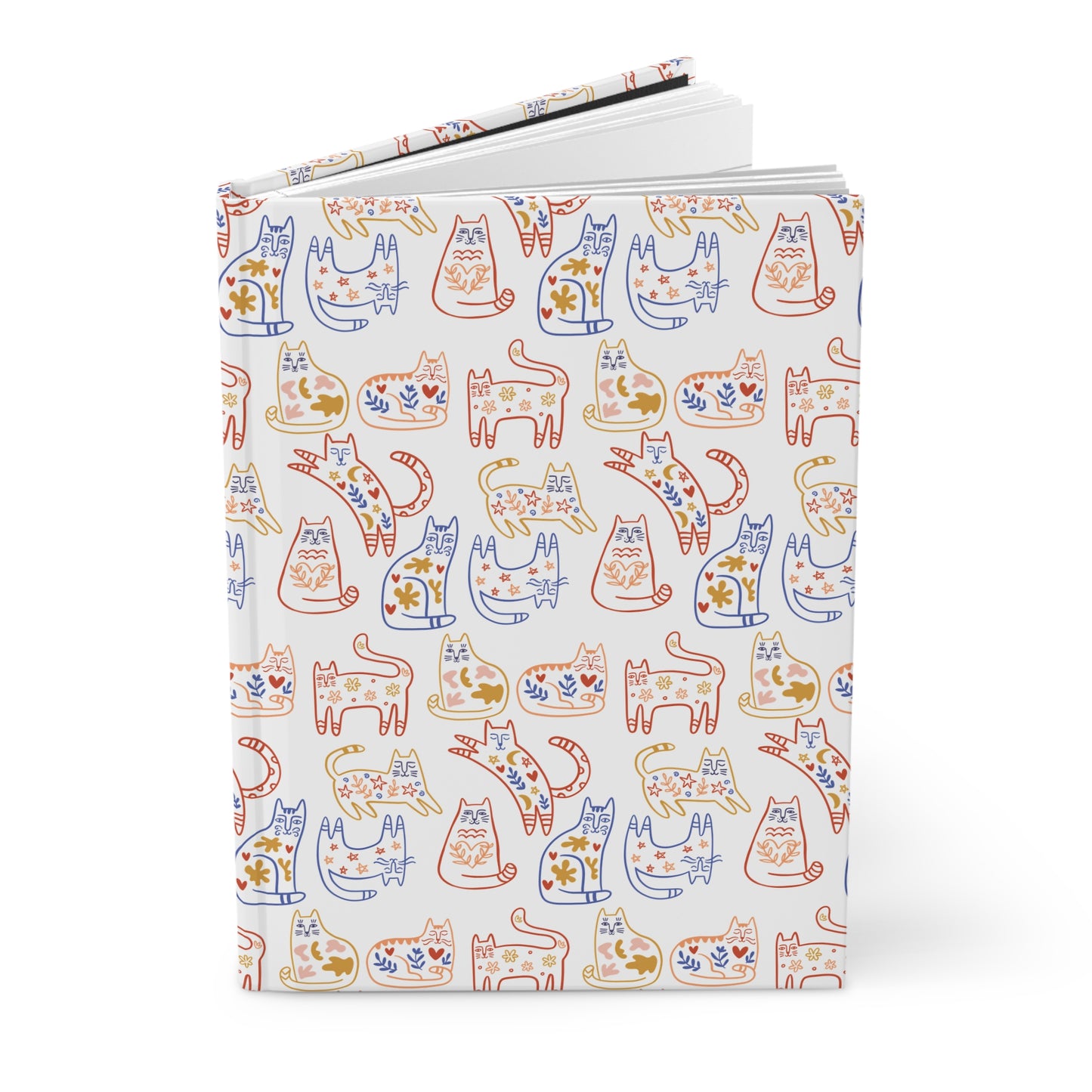 Hardcover Journal, Scandinavian Folk Art Cat Design Notebook, Secret Santa Christmas Gift, White Elephant Gift for Cat Lovers