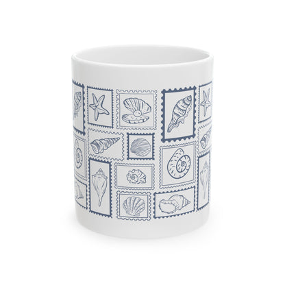 Shells & Stamps Ceramic Mug - Coastal Decor, Ocean Lover Gift, Nautical Kitchen, Beach House Essentials, Summer Vibes