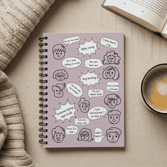 Funny Spiral Notebook - Ruled Line with Document Pocket, Dusty Rose, Work from Home Essentials, Conference Call Bingo, You're on Mute