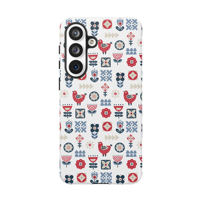 Scandinavian Bird & Floral Folk Art Phone Case - iPhone 17 / 17 Air / 17 Pro Max, Samsung Galaxy S26, Google Pixel | Matte & Glossy
