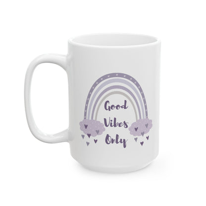 Purple Rainbow Hearts Good Vibes Only Ceramic Mug, Cute Coffee Cup, Gift for Her, Cute Tea Cup, BPA Free Ceramic Mug 11oz/15oz