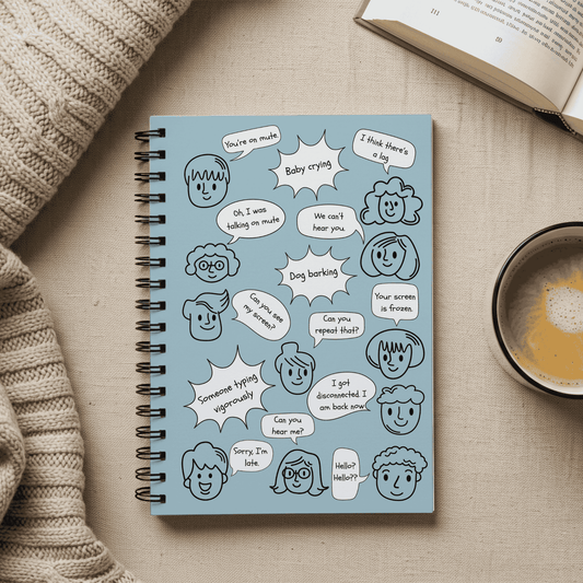 Funny Whimsical Spiral Notebook with Document Pocket, Remote Working Humor, Conference Call Bingo, Home Office, Gift for Boss, Coworker